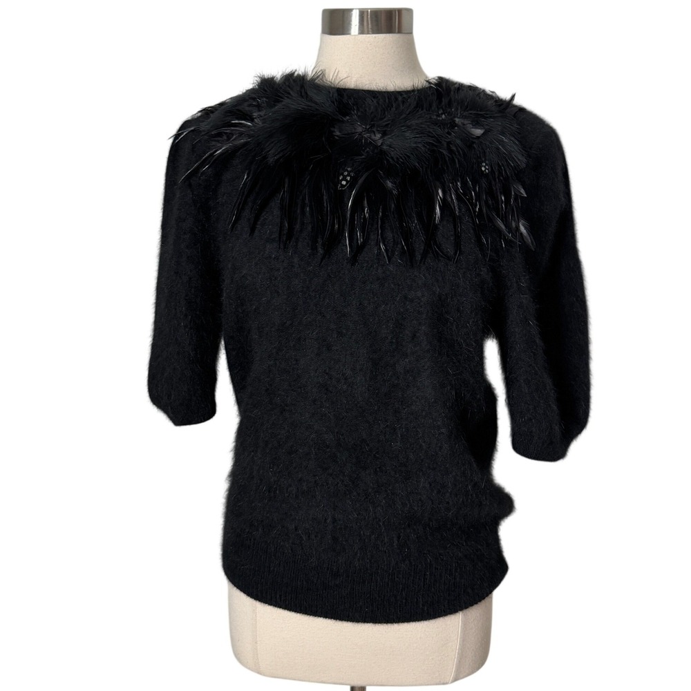 Venesha Vintage Black Angora Blend Feather Trim Short Sleeve Sweater Small